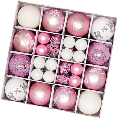 QTTVBTNA - 44 Delige Kerstbal Set - Kerstballen voor in de Boom - Elegante Kerstboom Versiering met Hangende Decoratie - Stijlvolle Kerst Sfeerverlichting - Feestelijke Kerst Accessoires - Roze & Witte