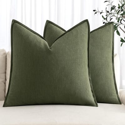 Decoratieve Kussenslopen - Linnen Kussenhoezen - Woonkamer Decoratie - Met Flensranden - 50x50 cm - Donker Olijfgroen