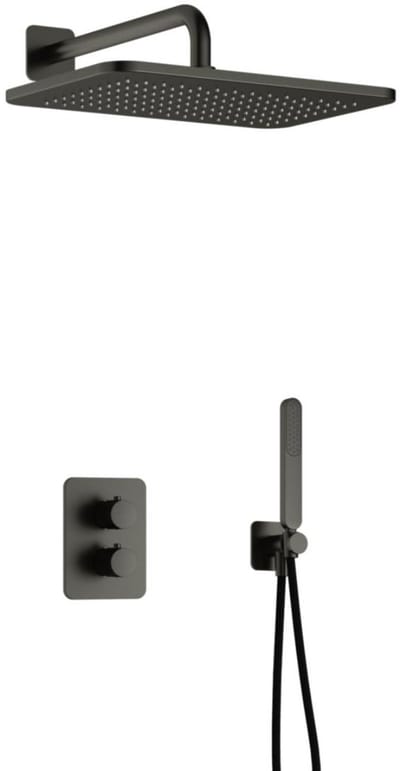 Hotbath Gal - GL106 - Inbouw Regendoucheset - Geborsteld Gunmetal PVD - Thermostatisch - Wandarm 35 cm - Hoofddouche 270x400 mm - Staafhanddouche - met GL106 - met 2-Weg Stop-Omstel