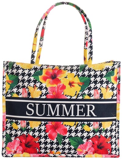 Ultiluxe® Strandtas voor Dames - Schoudertas met Ritssluiting - Summer Shopper - Damestas - 42 x 32 x 13 cm - Zomertas - Bloemenprint - Zwart/rood/geel