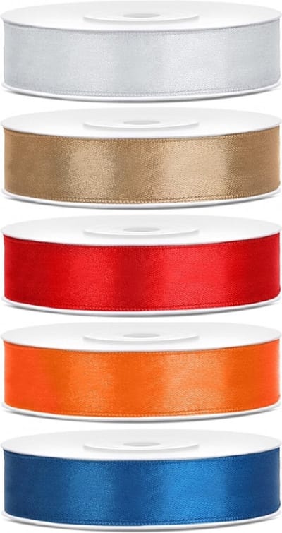 5x rollen satijnlint - zilver-goud-rood-oranje-blauw 1,2 cm x 25 meter - Hobby cadeaulint - sierlint