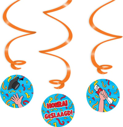Q2P - Geslaagd Versiering – Swirl Hangdecoratie 3-delig – Hoera Geslaagd! – Blauw – Diploma Decoratie - Graduation Vlag