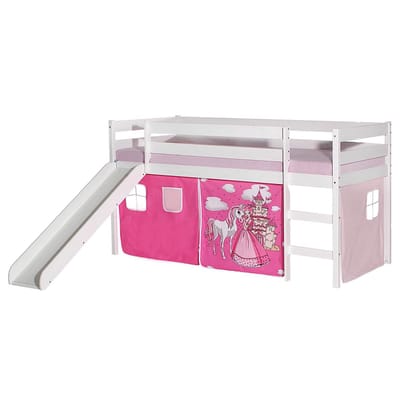 Hoogslaper met glijbaan BENNY wit, gordijn PRINZESSIN in roze