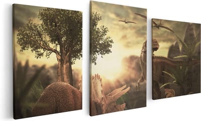 Artaza Canvas Schilderij Drieluik Dinosauriërs in de Natuur - Dino's  - 120x60 - Foto Op Canvas - Canvas Print