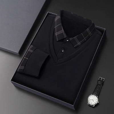 Heren Koreaanse Stijl Revers Lange Mouw Ruit Polo Shirt Nieuw Middenleeftijd en Oudere Casual Splicing Nep Tweedelig Shirt voor Heren 4XL