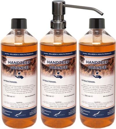 Handzeep Orange 500 ml - set van 3 stuks - met gratis RVS zilverkleurige pomp - Voordeelverpakking