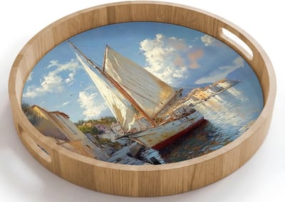 Dienblad rond 40x40 cm - Schootdienblad hout - Zeilschip - Huizen - Kade - Zee - Borrelplank rechthoek - Plateau houten dienbladen