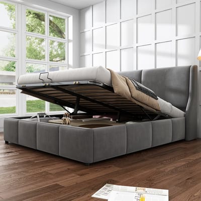 DESMIU Gestoffeerd Bed 140x200 cm – Hydraulisch Opklapbed met Opbergruimte – Tweepersoonsbed voor Slaapkamer of Logeerkamer – Fluweel – Grijs – Zonder Matras