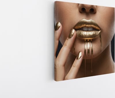 Saammp Canvas Schilderij - Vrouw met goude lippen - abstract - 20x20 - Foto op canvas - Wanddecoratie - Muurdecoratie Woonkamer - Slaapkamer decoratie - Canvas Print