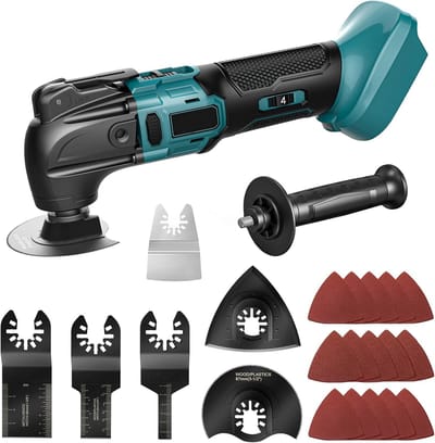 Snoerloos multifunctioneel gereedschap, compatibel met Makita 18V-accu, draadloze oscillerende multitool met borstelloze motor, 6 zaagbladen en 15 vellen schuurpapier, voor schrapen, zagen, schuren