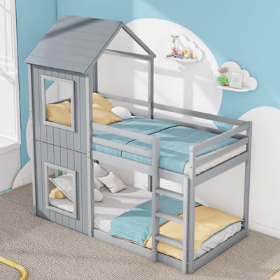 Stapelbed - 90x200 cm - Met Ladder en Baldakijn - Vloermodel - Massief Hout - Grijs