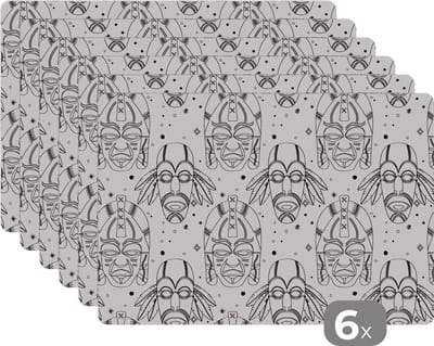 Placemat - Placemats kunststof - Inca - Maskers - Patroon - Zwart-wit - 45x30 cm - 6 stuks - Hittebestendig - Anti-Slip - Onderlegger - Afneembaar