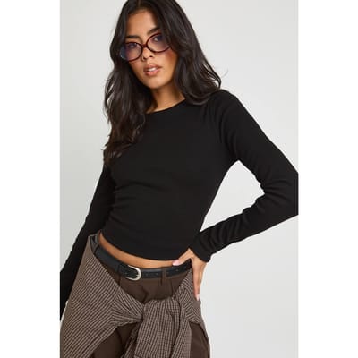 boohoo Dames Dubbelgelaagde Modal Rib Top met Lange Mouwen | Black | Maat: 16