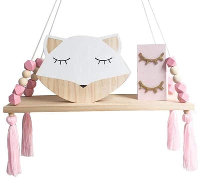 Dailygoods- Muurplank Kindvriendelijk - Wandplank Roze/Wit - Decoratieve Plank - Dennenhout/Touw - 38x14x1cm - Veilig en Stijlvol