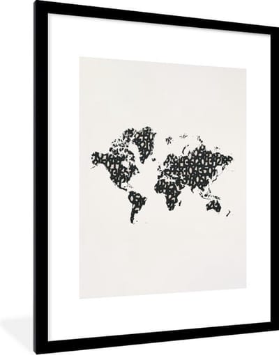 Poster in lijst - Fotolijst 60x80 cm - Posters - Wereldkaart - Cijfer - Zwart - Posterlijst zwart - Decoratie - Wanddecoratie woonkamer - Muurdecoratie slaapkamer