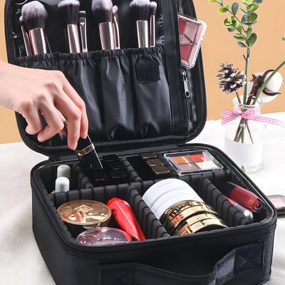 Dailygoods- Make-uptas Draagbaar - Organizer met Vakken - Toilettas - Cosmetica Organizer - Zwart - Multifunctionele Scheidingswand - Cosmetic Organizer