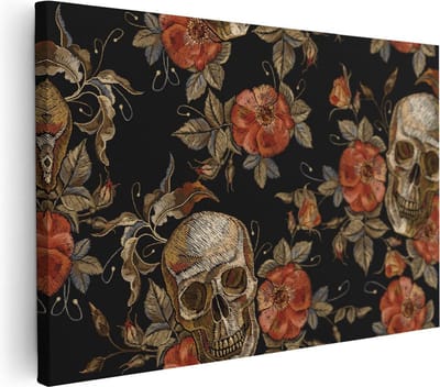 Artaza Canvas Schilderij Skull Decoratie - 60x40 cm - Wanddecoratie Rozen - Muurdecoratie Bloemen - Schilderijen Op Canvas