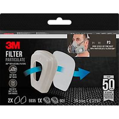 3M deeltjesfilter 5935, beschermingsklasse P3, voor 3M gas- en dampfilterpatronen met filterhouder 501, verpakking van 2 paar + 1 x filterhouder 501