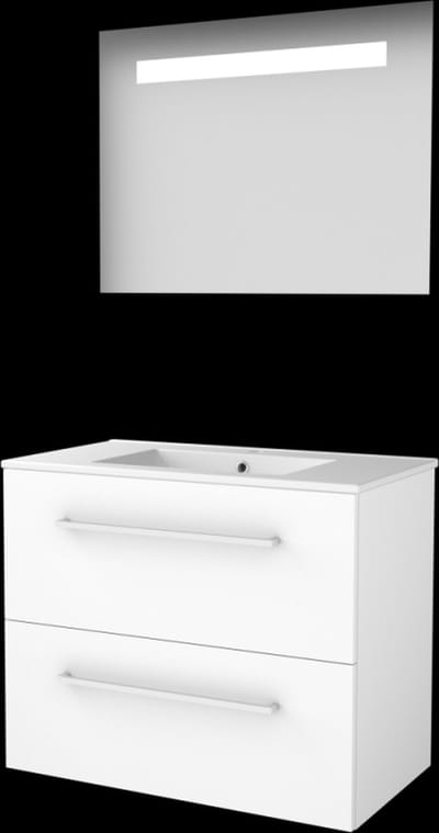Basic-Line Economic 46 Badkamermeubelset - 80 x 46 cm - Met Grepen - 2 Lades - Keramische Wastafel - 1 Kraangat - Spiegel met LED Verlichting - Ice White