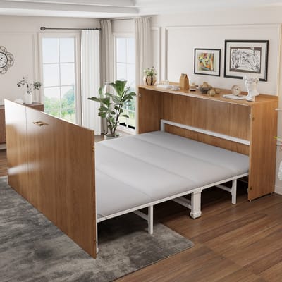 OKWISH Opklapbed 140x200 cm - Uitschuifbaar Kastbed Met Stil Rolmechanisme - Ruimtebesparend - Met Matras - Houtkleur