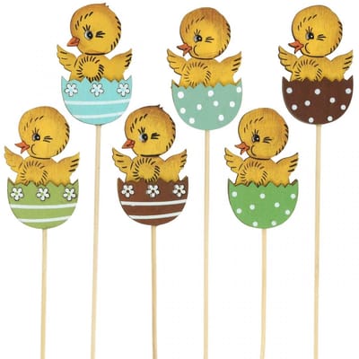 Paasdecoratie kuiken in ei houten decoratiefiguur op stok Pasen 7cm 12