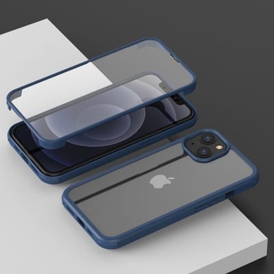 geschikt voor iPhone 14 Pro Max Full Body Hoesje met Glazen Screenprotector - 360 graden bescherming voor je geschikt voor iPhone 14 Pro Max - Voor- en achterkant van glas - Mobiq Rugged 360 Case geschikt voor iPhone 14 Pro Max blauw