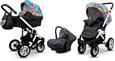 BabyLux® Kinderwagen 3in1 – SKY LARK - Paint Flowers WHITE FRAME - Opklapbare Wandelwagen incl. Reiswieg, Multifunctionele Buggy Sportstoel, Autostoel - Combi-kinderwagen met Luiertas, Regenhoes, Klamboe, Bekerhouder, etc.
