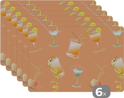 Placemat - Placemats kunststof - Cocktail - Oranje - Design - 45x30 cm - 6 stuks - Hittebestendig - Anti-Slip - Onderlegger - Afneembaar