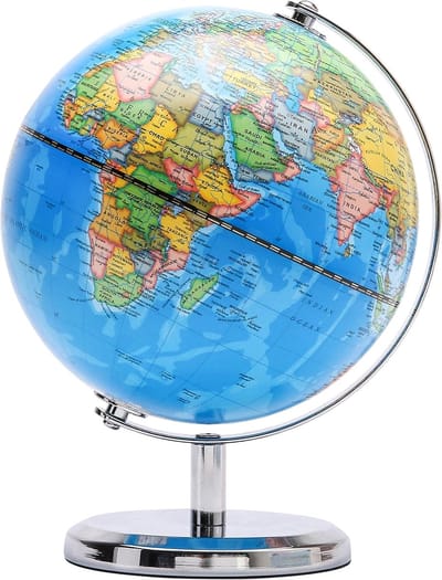 Famanu – Wereldbol 20 cm, blauwe Engelse kaart, educatieve globe met roestvrijstalen boog en voet