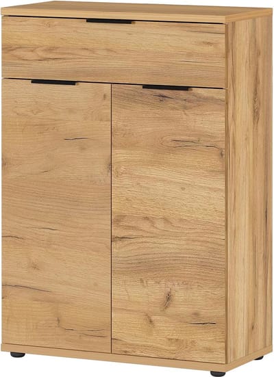 Schoenenkast Leonard Eiken - 16 paar schoenen - Breedte 75 cm - Hoogte 108 cm - Diepte 37 cm - Met lades - Met openslaande deuren