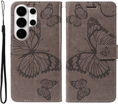 Coverup Hoesje - Geschikt voor Samsung Galaxy S26 Ultra Hoesje - Coverup Vlinders Book Case - Taupe Grijs