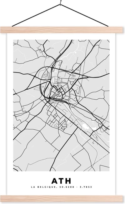 Posterhanger incl. Poster 40x60 cm - Schoolplaat - België – Ath – Stadskaart – Kaart – Zwart Wit – Plattegrond - Textielposter - Blanke latten - Stadskaart