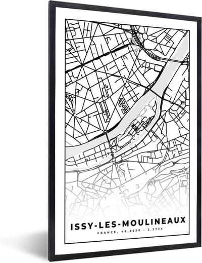 Fotolijst incl. Poster Zwart Wit- Kaart - Stadskaart - Frankrijk - Plattegrond - Issy-les-Moulineaux - Zwart wit - 40x60 cm - Posterlijst
