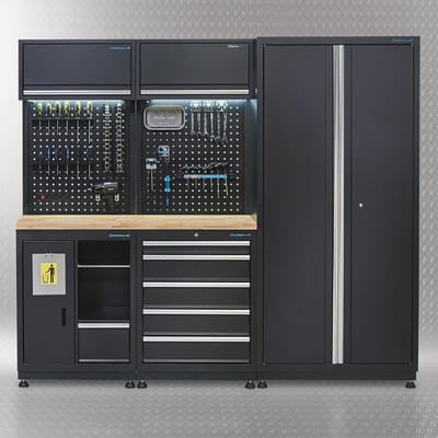 Datona® Werkplaatsinrichting PREMIUM met eiken werkblad 225 cm breed - Zwart