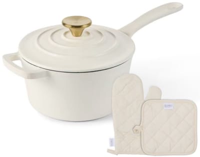 ISENVI Byron Gietijzeren Emaille Steelpan met Deksel , Ovenwant en Pannenlap - 19 cm - Sauspan - Geschikt voor Inductie - PFAS, PTFE Vrij