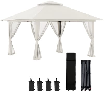 Tuinpaviljoen - Paviljoen met 4 Gaaswanden & Geventileerd Dak - Opvouwbaar - 4 x 4 x 3 m - in Hoogte Verstelbaar - Prieel - Partytent - Pergola - Gazebo - Feesttent - Tuintent - voor Tuin, Camping & Feest - Crèmewit