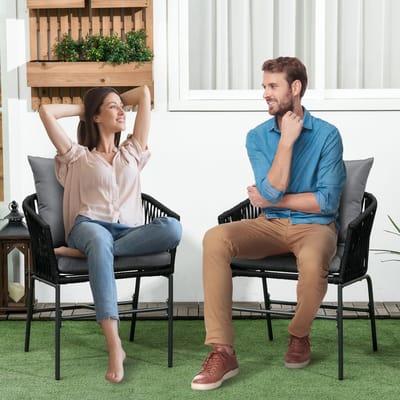 MODFU - Set Van 2 Tuinstoelen - Met Kussens - Gebogen Zitschaal - Stalen Frame - Zwart - 57 X 60 X 71 Cm
