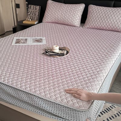 Tapis de lit épais en latex naturel pour l'été Tapis rafraîchissants en soie glacée douce et respirante pour lit Housse de matelas et taies d'oreiller à sensation de fraîcheur 90x200cm 2 pcs set