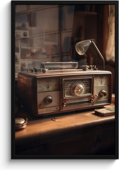 Poster in lijst - Fotolijst 60x90 cm - Posters - Vintage - Radio - Oud - Bureau - Lamp - Posterlijst zwart - Decoratie - Wanddecoratie woonkamer - Muurdecoratie slaapkamer