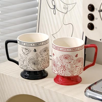 Retro Keramische Waterbeker Rozentuin Kelk Hoog Uitziende Koffiekop Couple Mok Souvenir Cadeau Beker 401-500ml