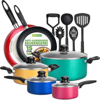 NutriChef Pannenset Inductie, 15-delige Antiaanbak Kookpannenset met Kookpan- Koekenpannen- Braadpan- Deksels- 5 Keukengerei