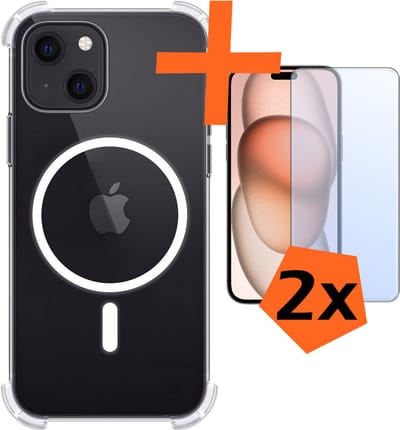 Hoes - Met 2x Screenprotector - Geschikt voor Apple iPhone 15 - Magsafe Compatible - Sterk & Shockproof - Back Cover - Shock Proof Case - Telefoon Hoes - Transparant