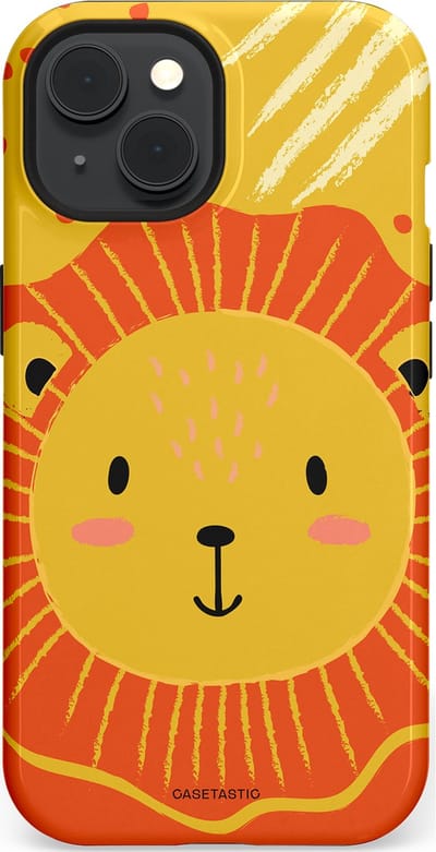 Casetastic hoesje geschikt voor Apple iPhone 15 - MagSafe - Dubbellaagse bescherming - Vrolijke leeuw - Fashion Case - Goud Rood Oranje