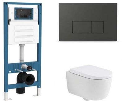 QeramiQ Dely Swirl Toiletset - inbouwreservoir Qeramiq Flush - 35mm zitting - kunststof mat antraciete bedieningsplaat - rechthoekige knoppen - mat wit