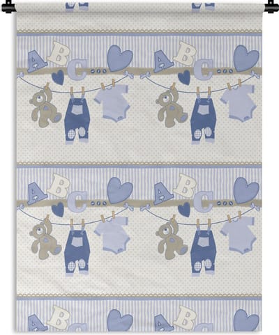 Wandkleed - Wanddoek - Baby kleren - Waslijn - Teddybeer - Patroon - 150x200 cm - Wandtapijt