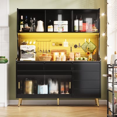 MODFU - Hoge Kast - Schuifdeuren - Ledverlichting Met App-Bediening - Geribbeld Glas - MDF En Glas - Zwart - 145 X 39 X 171 Cm
