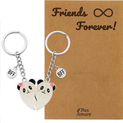 BFF Sleutelhanger voor 2 ' Friends Forever' - Magnetisch Hartje Panda's - Sleutelhanger set op Cadeau Kaartje - Zilverkleurig - Vriendschap Symbool - Pax Amare
