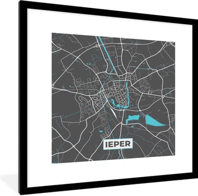 Fotolijst incl. Poster - Stadskaart – Grijs - Kaart – Ieper – België – Plattegrond - 40x40 cm - Posterlijst