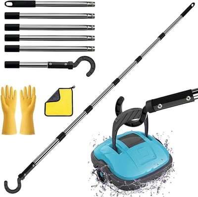 Haak voor zwembadrobot met afneembare telescoopstang van 220 cm, zwembadreinigingsaccessoires, inclusief reinigingsdoek en handschoenen voor optimale zwembadonderhoud