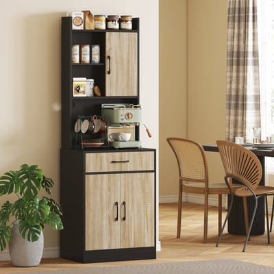MEUNIQ Keukenkast 60 x 40 x 180 cm met werkblad, kabeldoorvoer, lade, open vakken en kastdeuren, opbergkast voor keuken of voorraadruimte, naturel en zwart